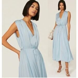 TOME Collective Pleated Midi Dress Sleeveless Bridesmaid Cocktail Satin Blue 4